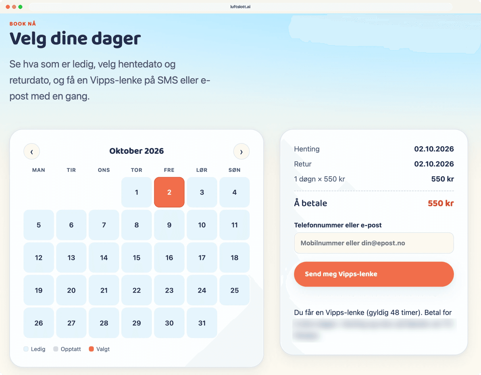 Bookingsiden på luftslott.ai med kalender, oppsummering, felt for mobilnummer og knappen «Send meg Vipps-lenke»