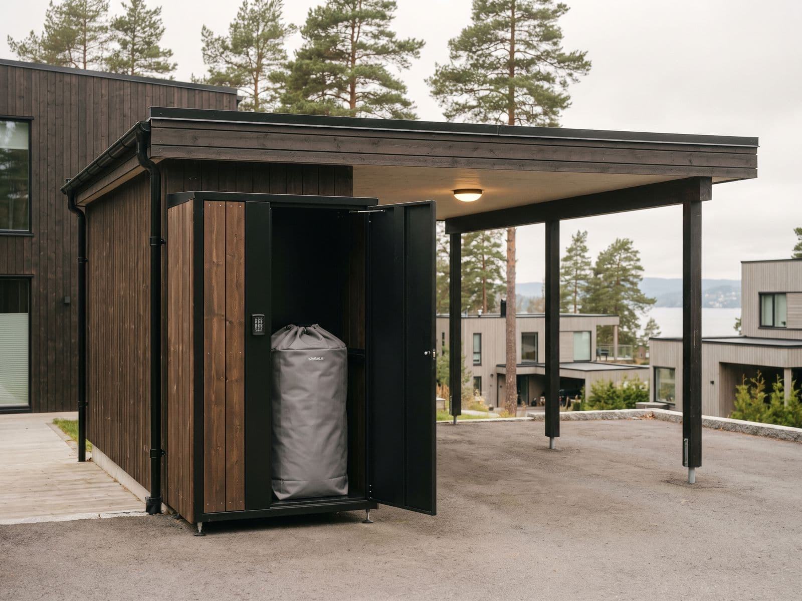 Et høyt henteskap med kodelås i en carport, med den grå luftslott.ai-bagen inni