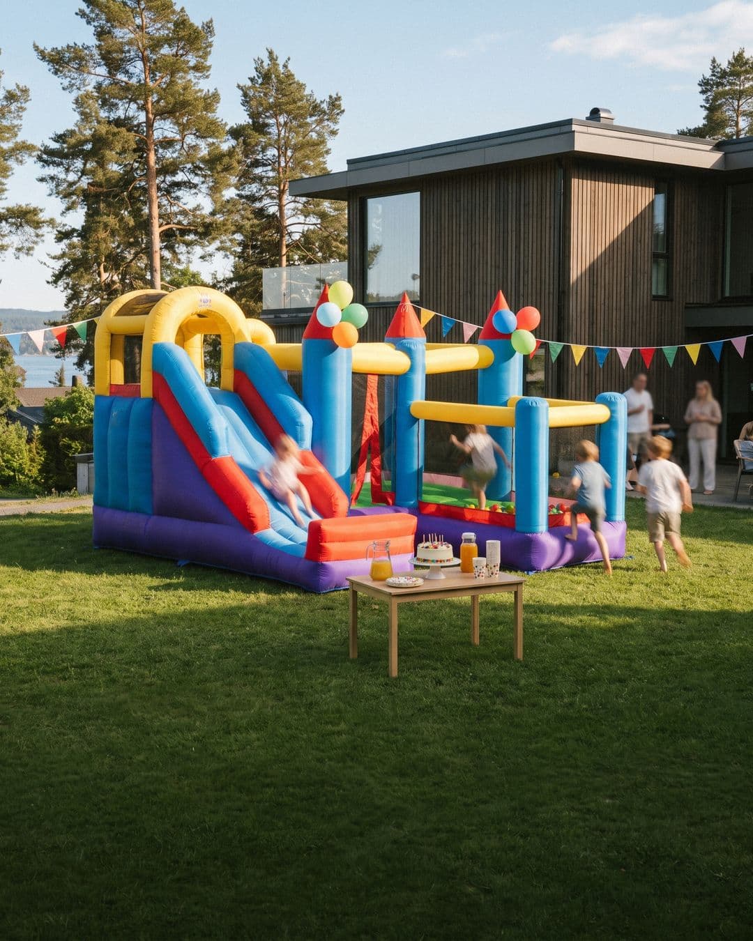 Hoppeslottet i bruk i et barneselskap i en hage med ballonger, vimpler og et kakebord